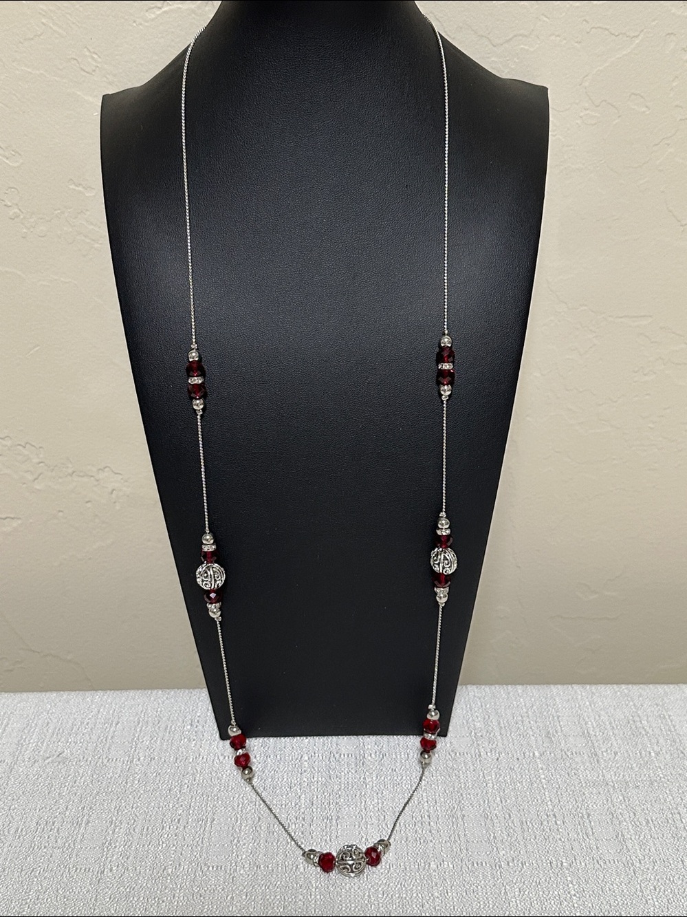 Scroll and Dots Faceted Red Crystal Silver Tone Long Necklace - Picture 12 of 13